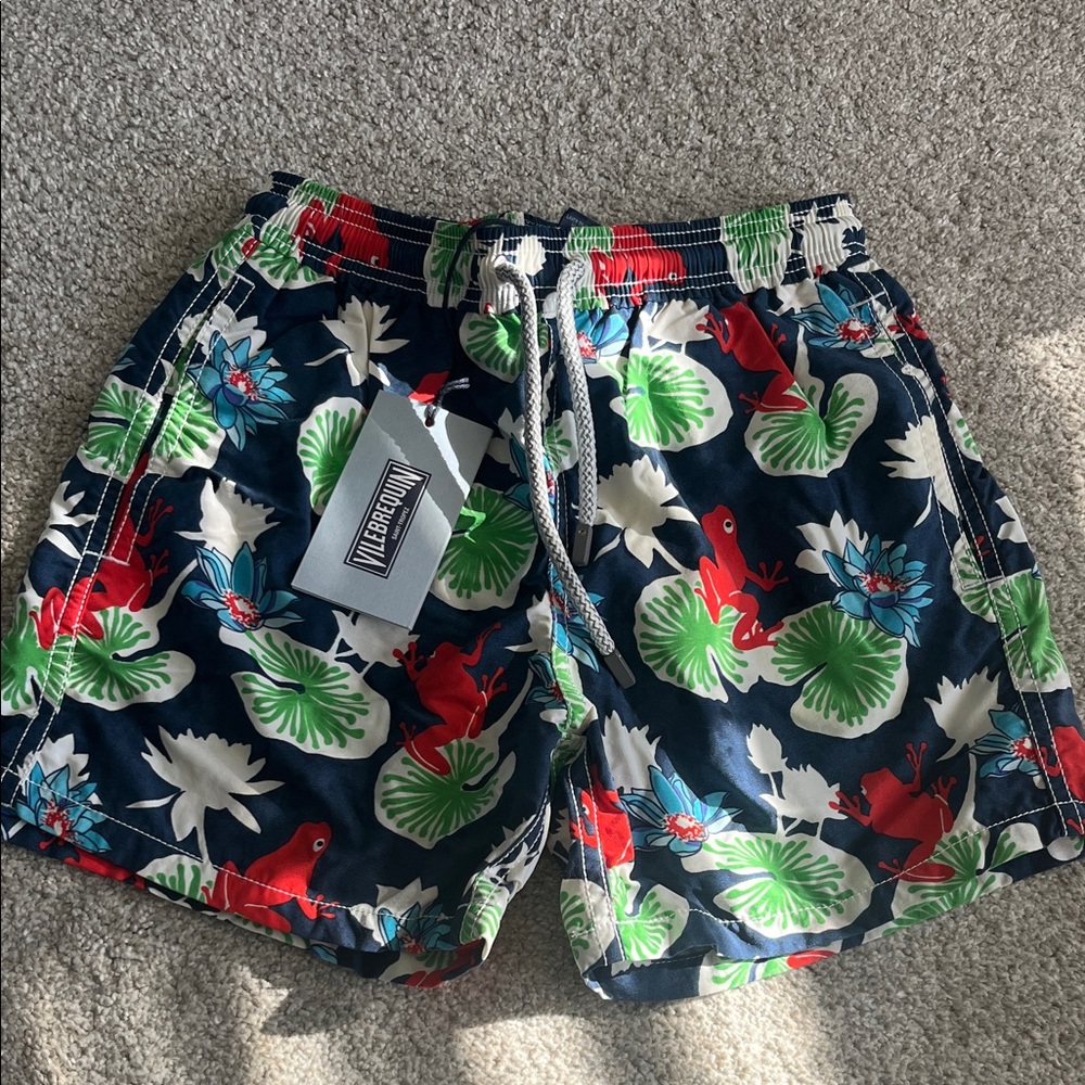 Vilebrequin Boy’s Navy Swim Trunks with Red and Green Frog Print NWT